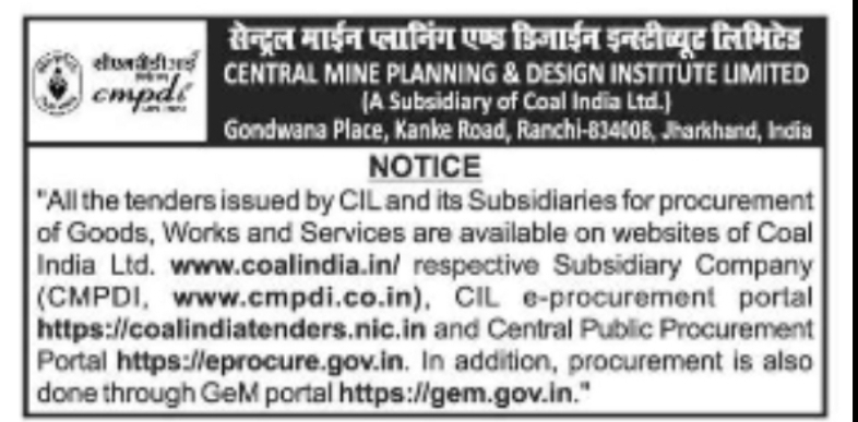 Central Mine Planning & Design Institute Limited (CMPDI) / Coal India Limited Notice
