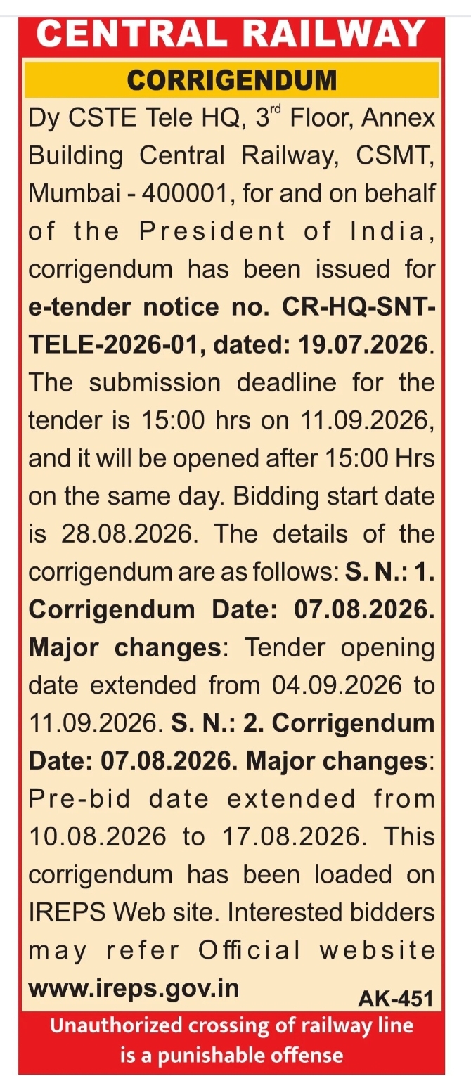 Central Railway E-Tender Corrigendum – CR-HQ-SNT-TELE-2026-01