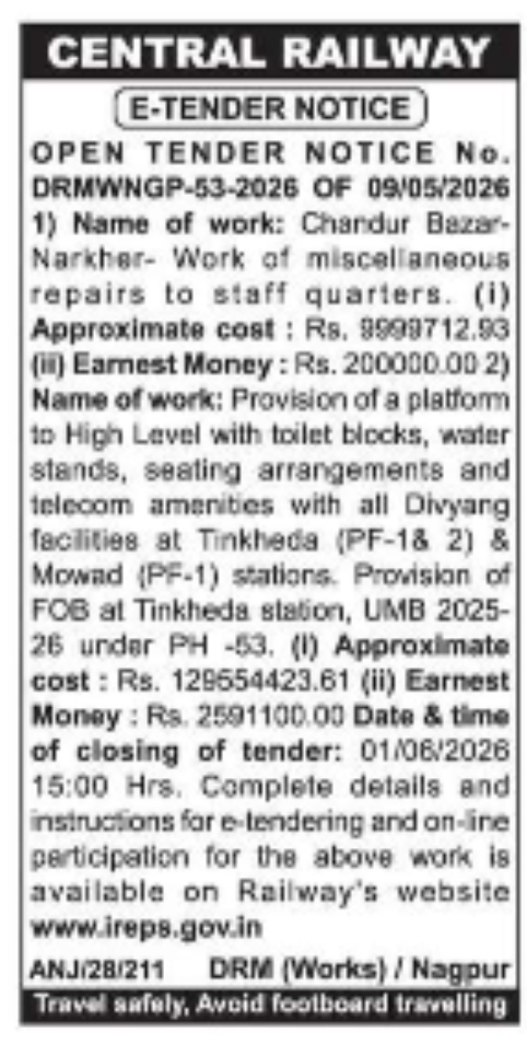Central Railway E-Tender Notice 2026 | Nagpur Division