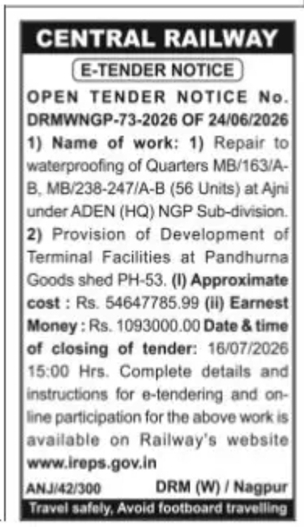 CENTRAL RAILWAY E-TENDER NOTICE