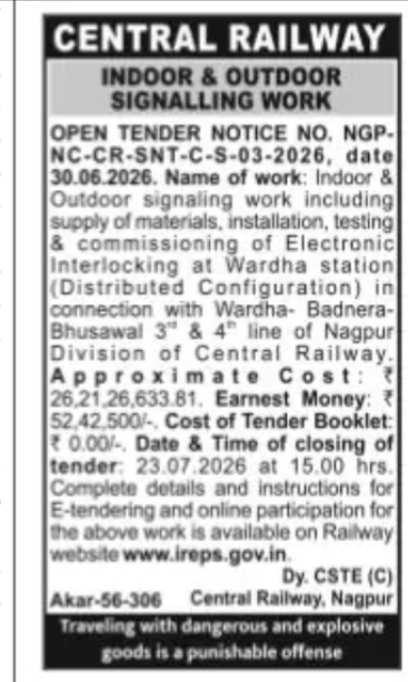 Central Railway Invites E-Tenders for Electronic Interlocking & Signalling Work at Wardha Station
