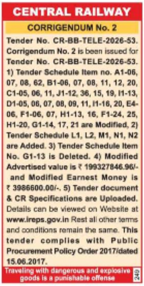 Central Railway Issues Corrigendum No. 2 for Tender No. CR-BB-TELE-2026-53