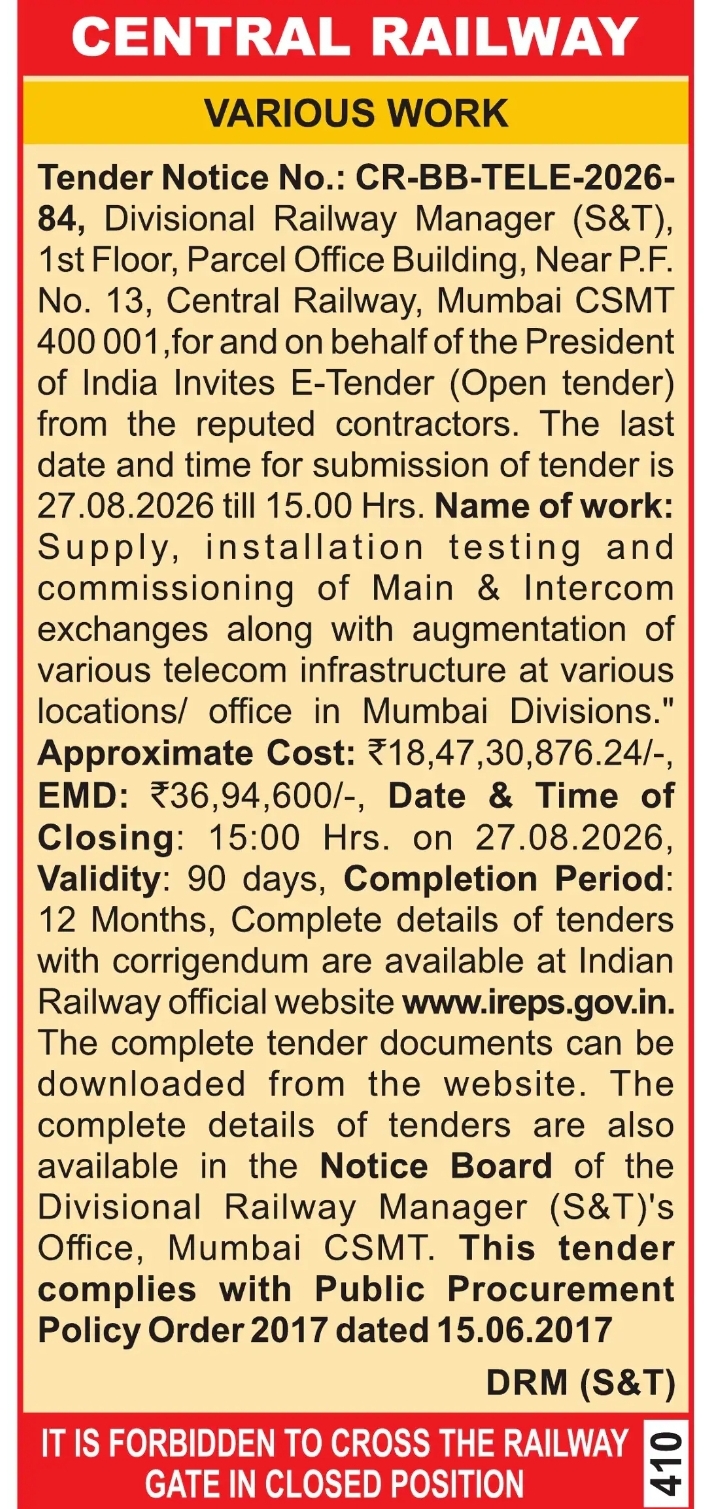 Central Railway Mumbai E-Tender Notice – Telecom Infrastructure Works