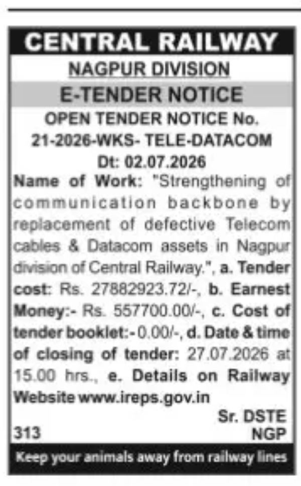 Central Railway Nagpur Division E-Tender Notice – Telecom Infrastructure Work