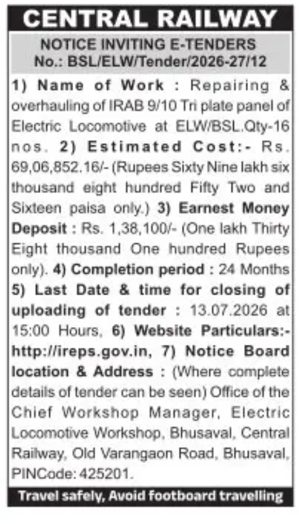 CENTRAL RAILWAY NOTICE INVITING E-TENDER