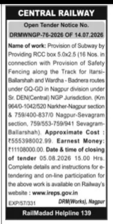 Central Railway Open Tender Notice – Nagpur Division