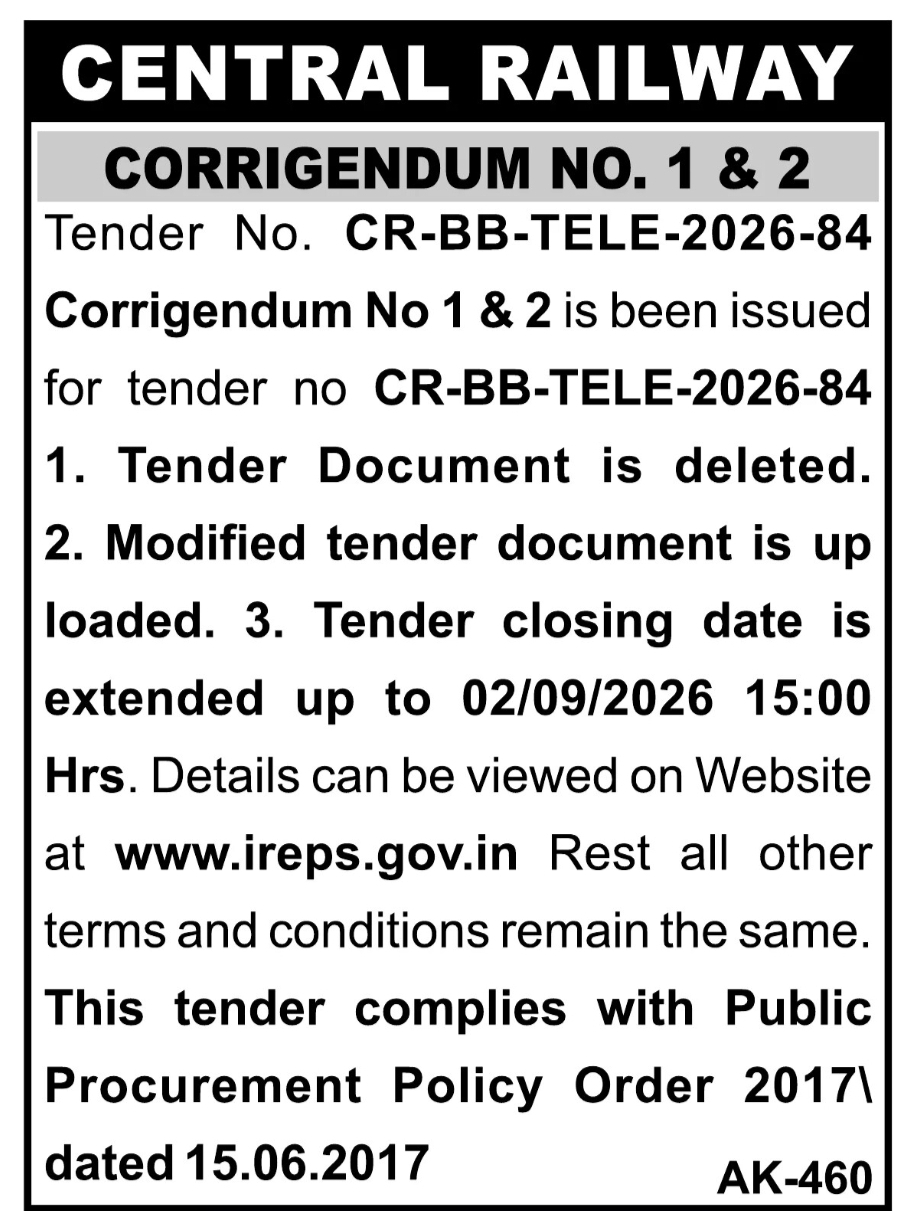 Central Railway Tender Corrigendum No. 1 & 2 – CR-BB-TELE-2026-84