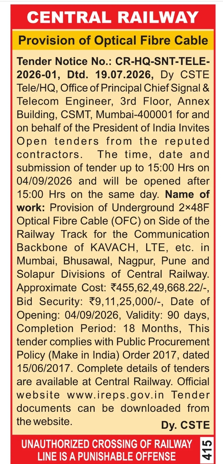 Central Railway Tender Notice – Provision of Optical Fibre Cable (OFC)