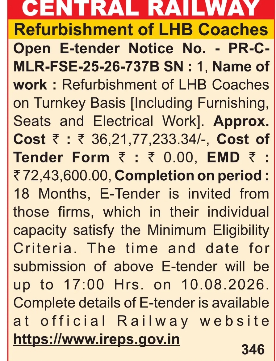 Central Railway Tender – Refurbishment of LHB Coaches on Turnkey Basis