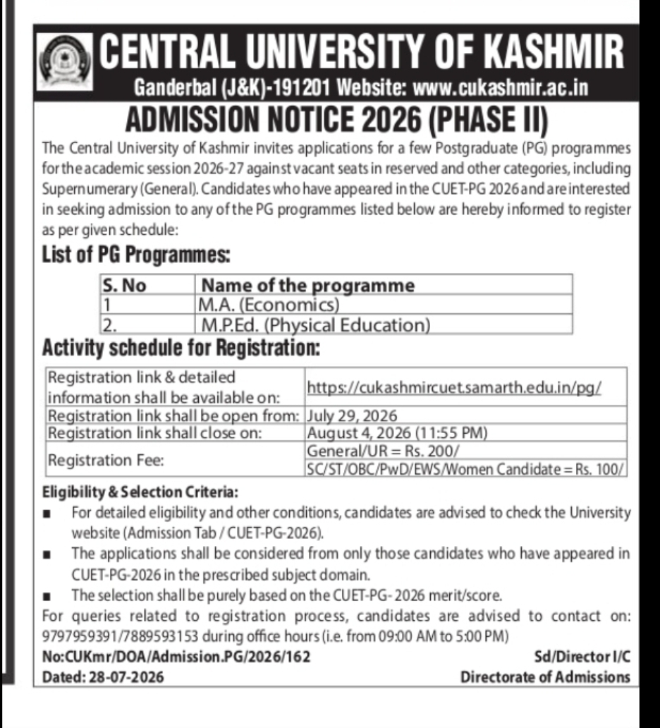 Central University of Kashmir PG Admission Notice 2026 (Phase II)
