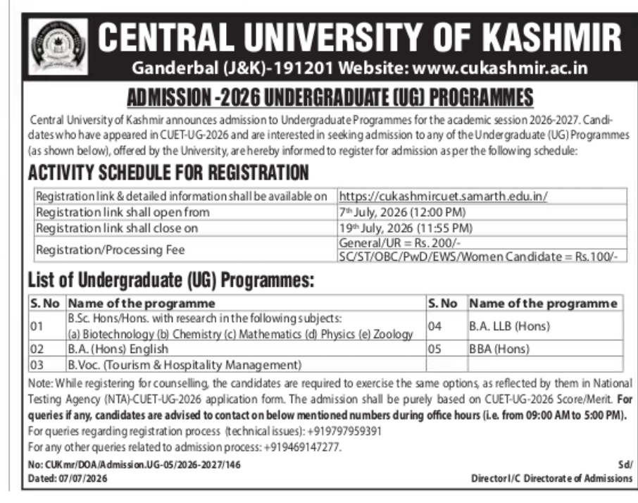 Central University of Kashmir UG Admissions 2026–27 Open