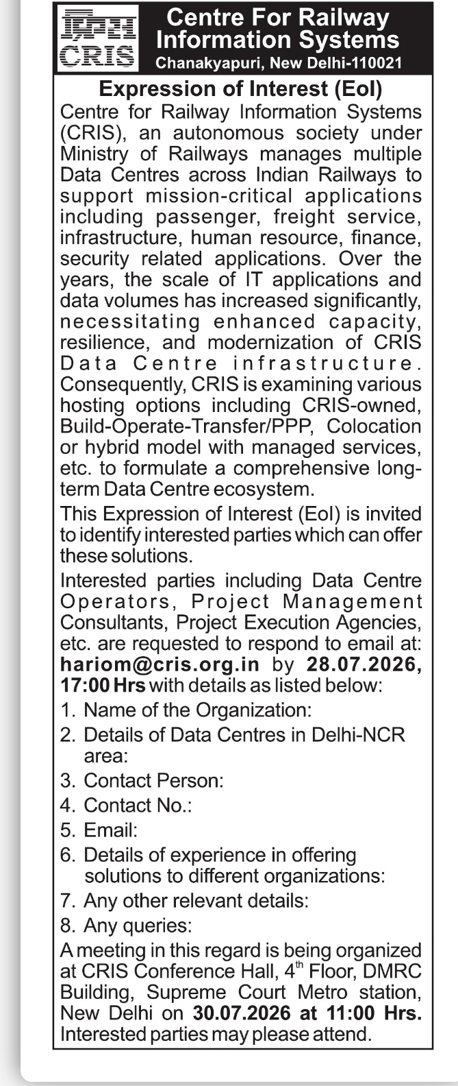 Centre for Railway Information Systems (CRIS) – Expression of Interest (EOI) for Data Centre Solutions