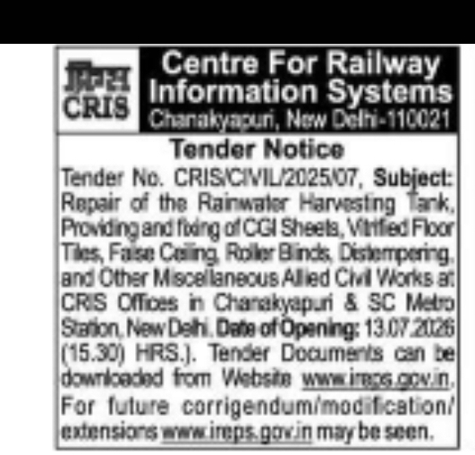 Centre for Railway Information Systems (CRIS) Tender Notice – Civil Works