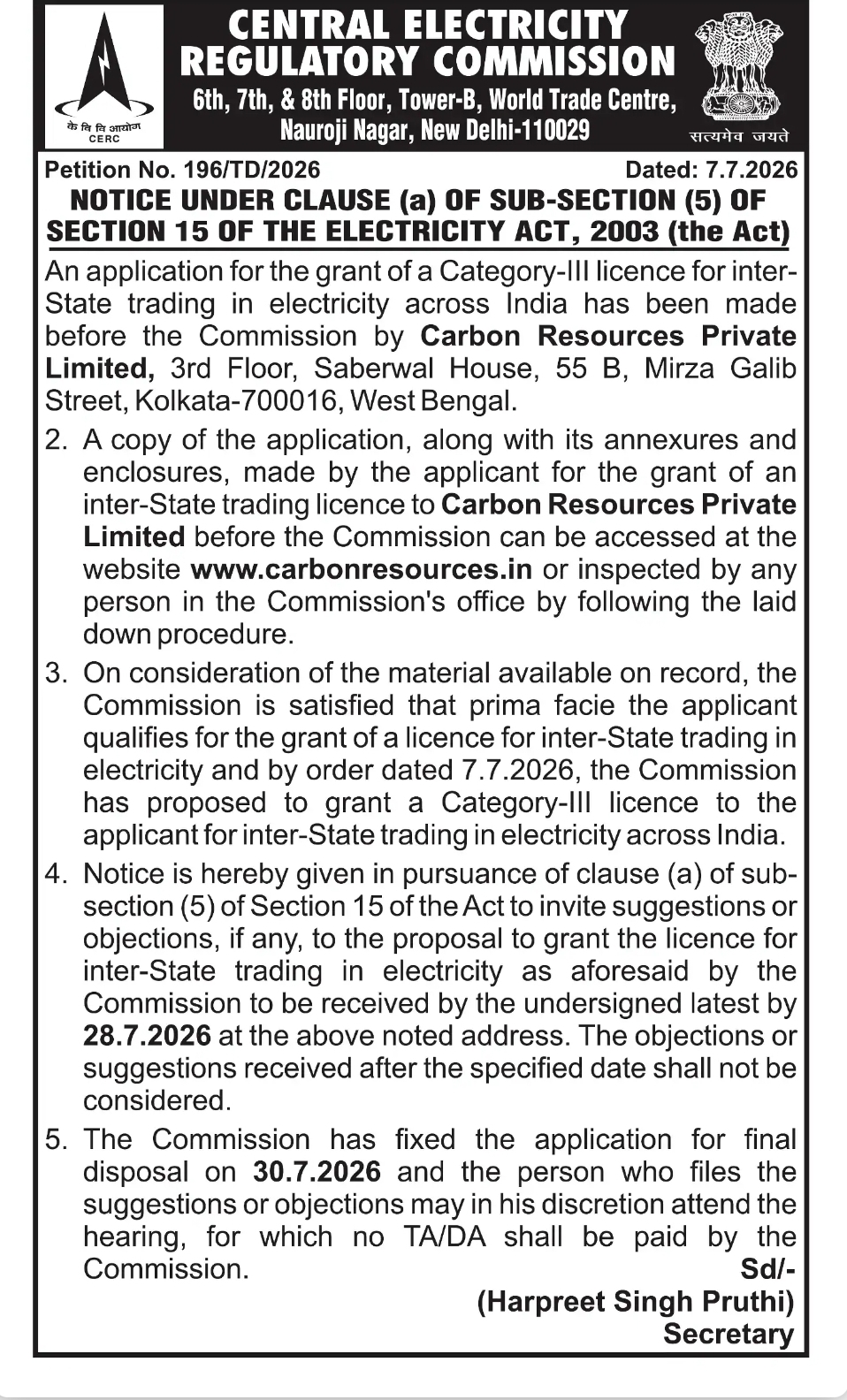 CERC Invites Public Objections on Inter-State Electricity Trading Licence Application