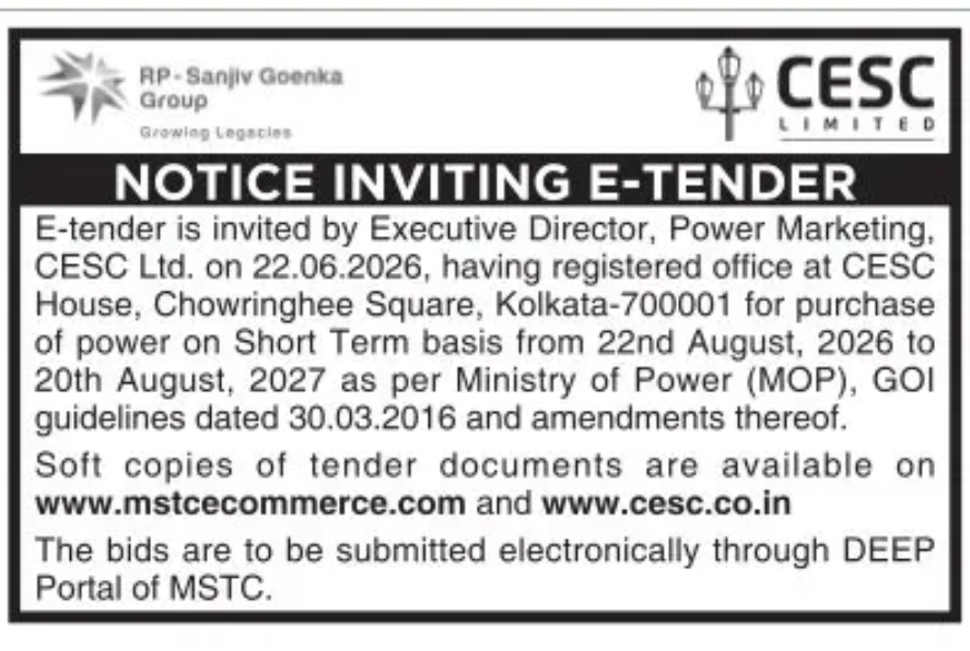 CESC Ltd. Invites E-Tender for Short-Term Power Procurement (2026–2027)