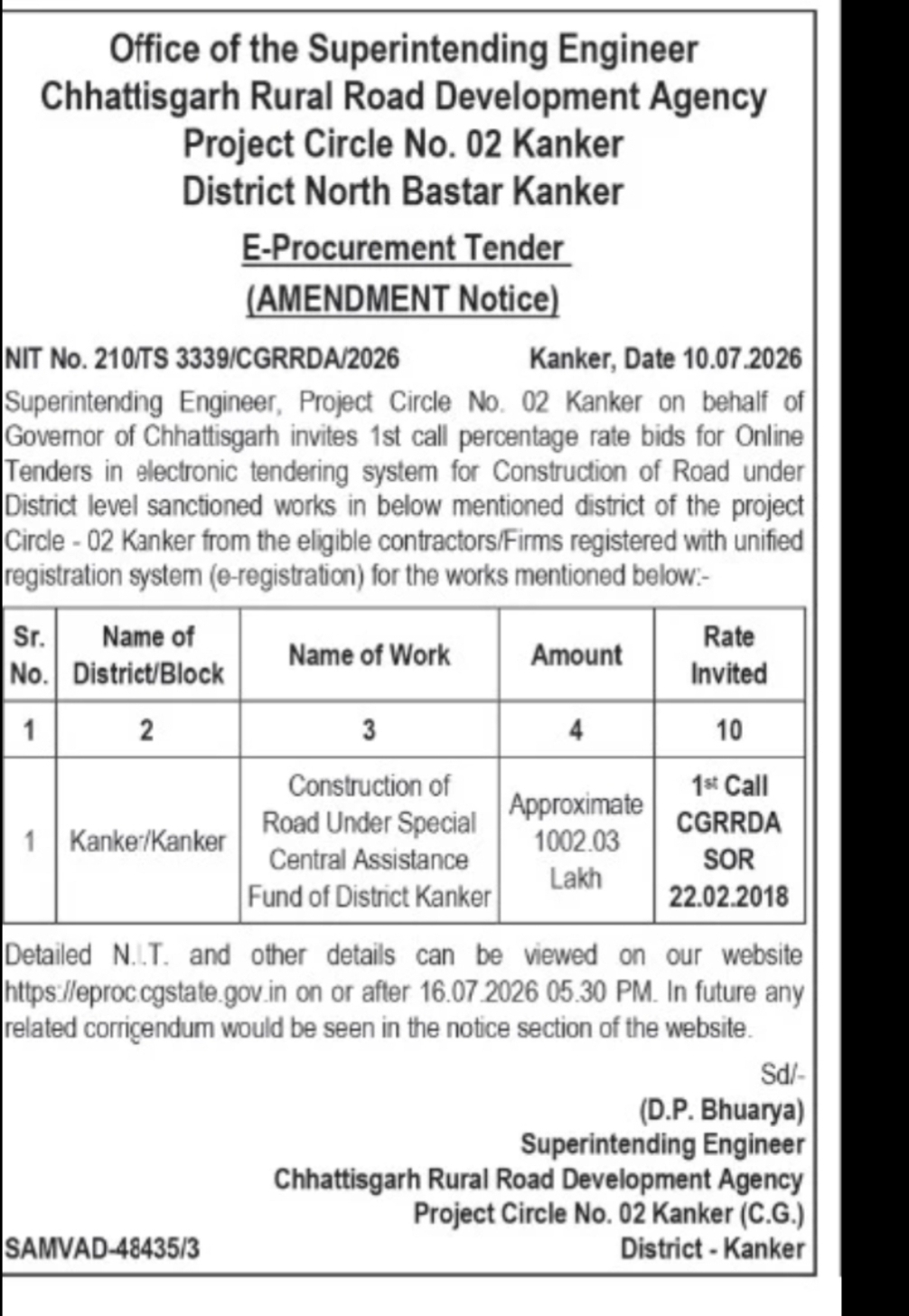 CGRRDA Kanker Issues Amended E-Tender Notice for Road Construction Project