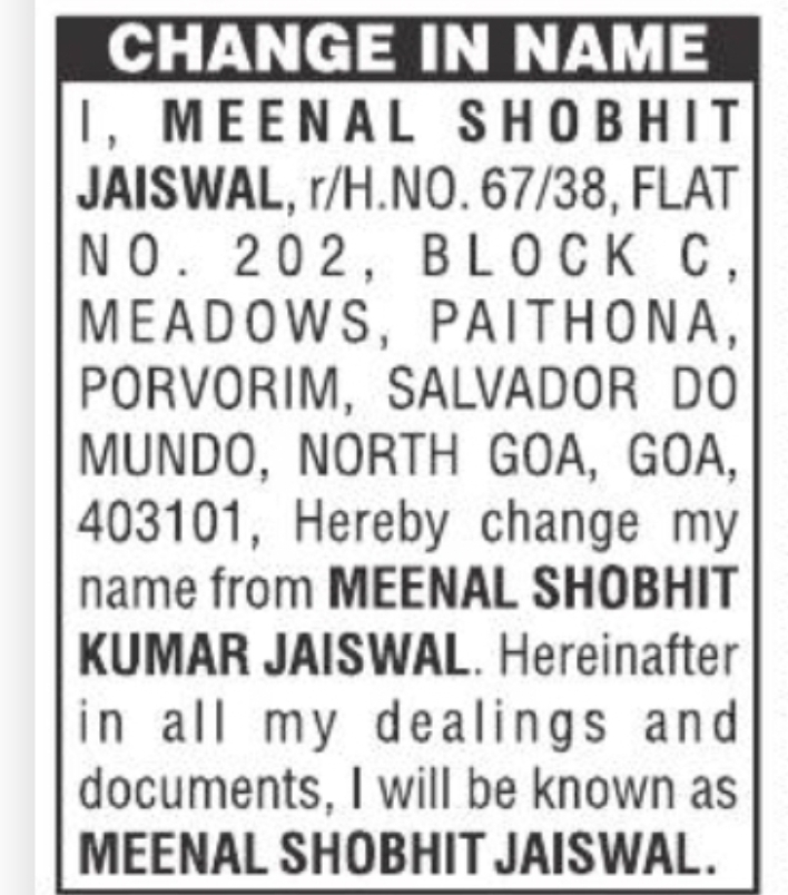 Change in Name Notice – Meenal Shobhit Jaiswal