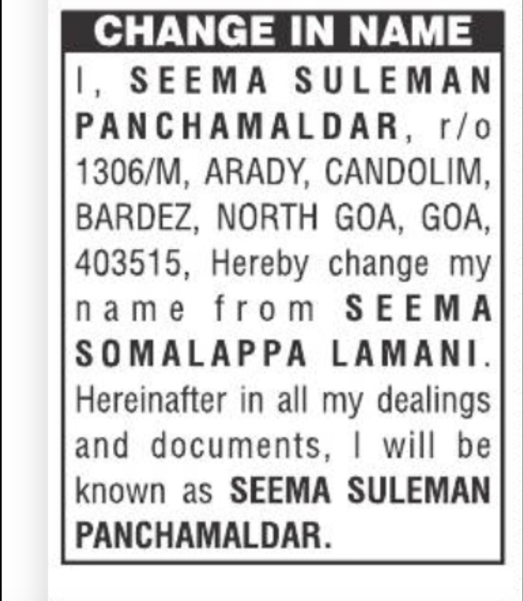 Change in Name Notice – Seema Suleman Panchamaldar
