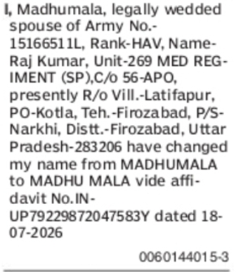 Change Notice – Madhumala to Madhu Mala
