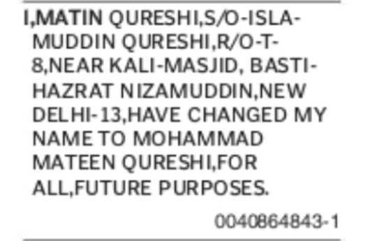 Change Notice – Matin Qureshi to Mohammad Mateen Qureshi