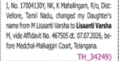 Change of Child's Name: M Lisaanti Varsha to Lisaanti Varsha M