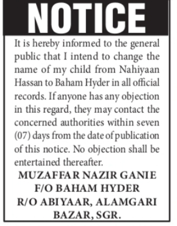 Change of Child's Name – Nahiyaan Hassan to Baham Hyder