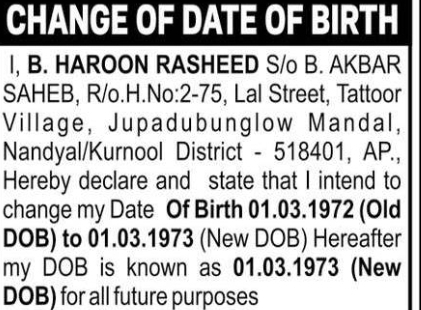 CHANGE OF DATE OF BIRTH – B. HAROON RASHEED