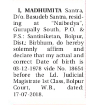 Change of Date of Birth Declaration – Madhumita Santra