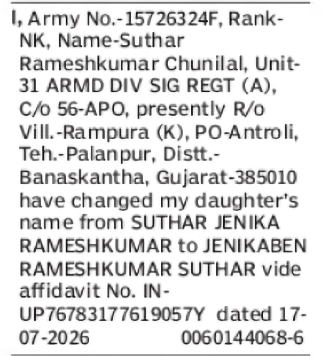 Change of Daughter's Name from Suthar Jenika Rameshkumar to Jenikaben Rameshkumar Suthar