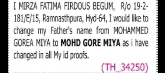 Change of Father's Name: MOHAMMED GOREA MIYA to MOHD GORE MIYA