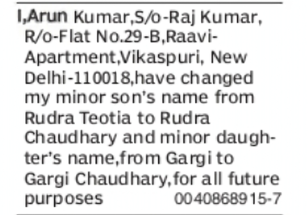 Change of Minor Children's Names to Rudra Chaudhary and Gargi Chaudhary