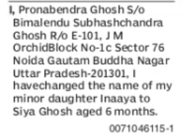 Change of Minor Child's Name: Inaaya to Siya Ghosh