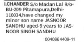 Change of Minor Child's Name: Jasnoor Sandhu to Jasnoor Singh Sandhu