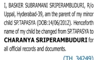 Change of Minor Child's Name: SP. Tapasya