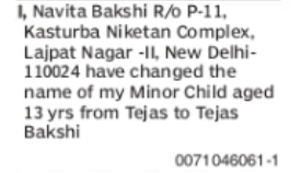 Change of Minor Child's Name: Tejas to Tejas Bakshi