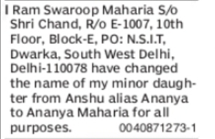 Change of Minor Daughter’s Name: Anshu Alias Ananya to Ananya Maharia