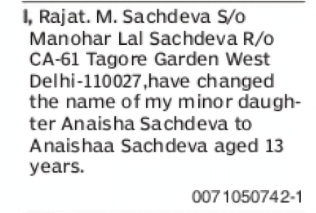 Change of Minor Daughter's Name from Anaisha Sachdeva to Anaishaa Sachdeva