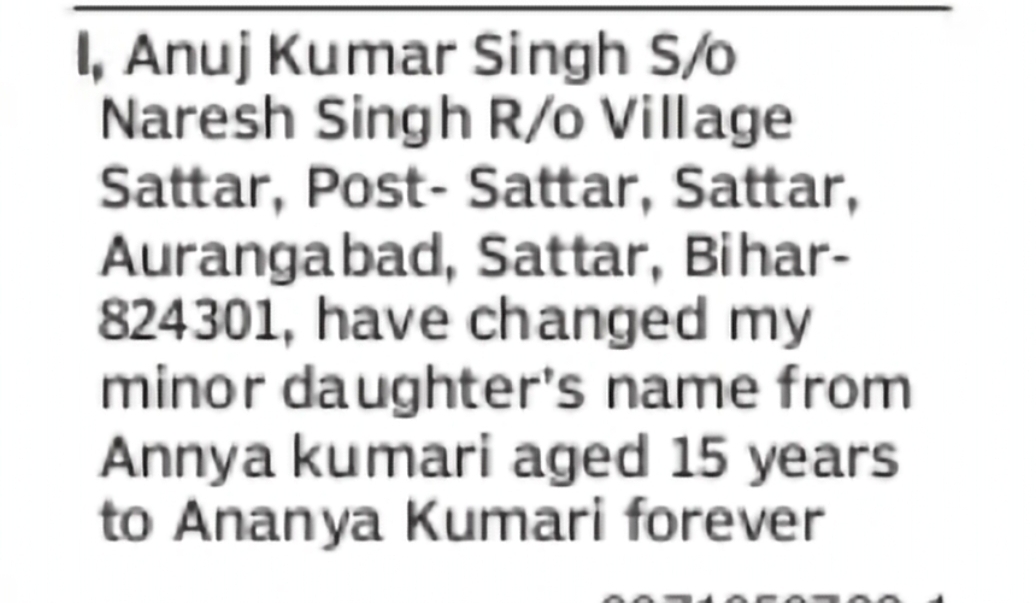 Change of Minor Daughter's Name from Annya Kumari to Ananya Kumari