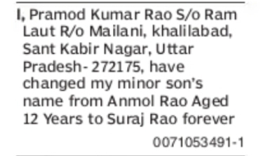 Change of Minor Son's Name: Anmol Rao to Suraj Rao