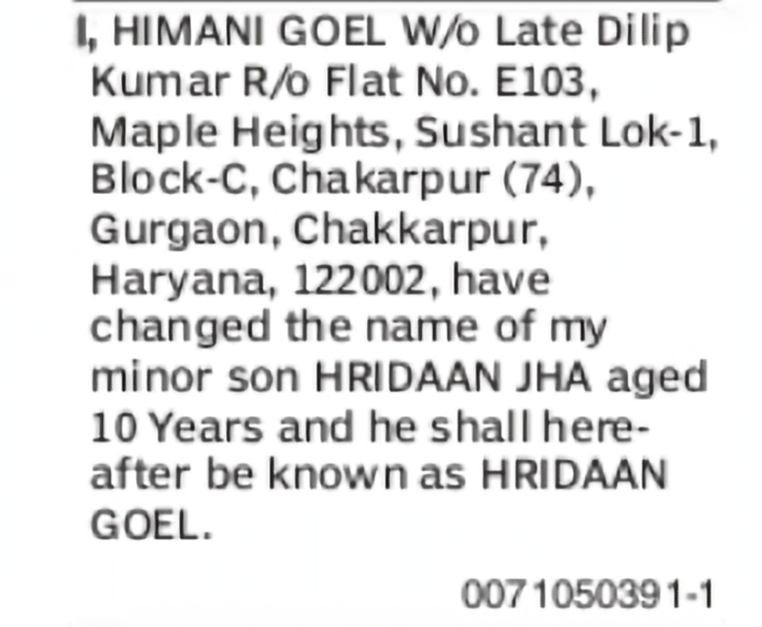 Change of Minor's Name – Hridaan Jha to Hridaan Goel