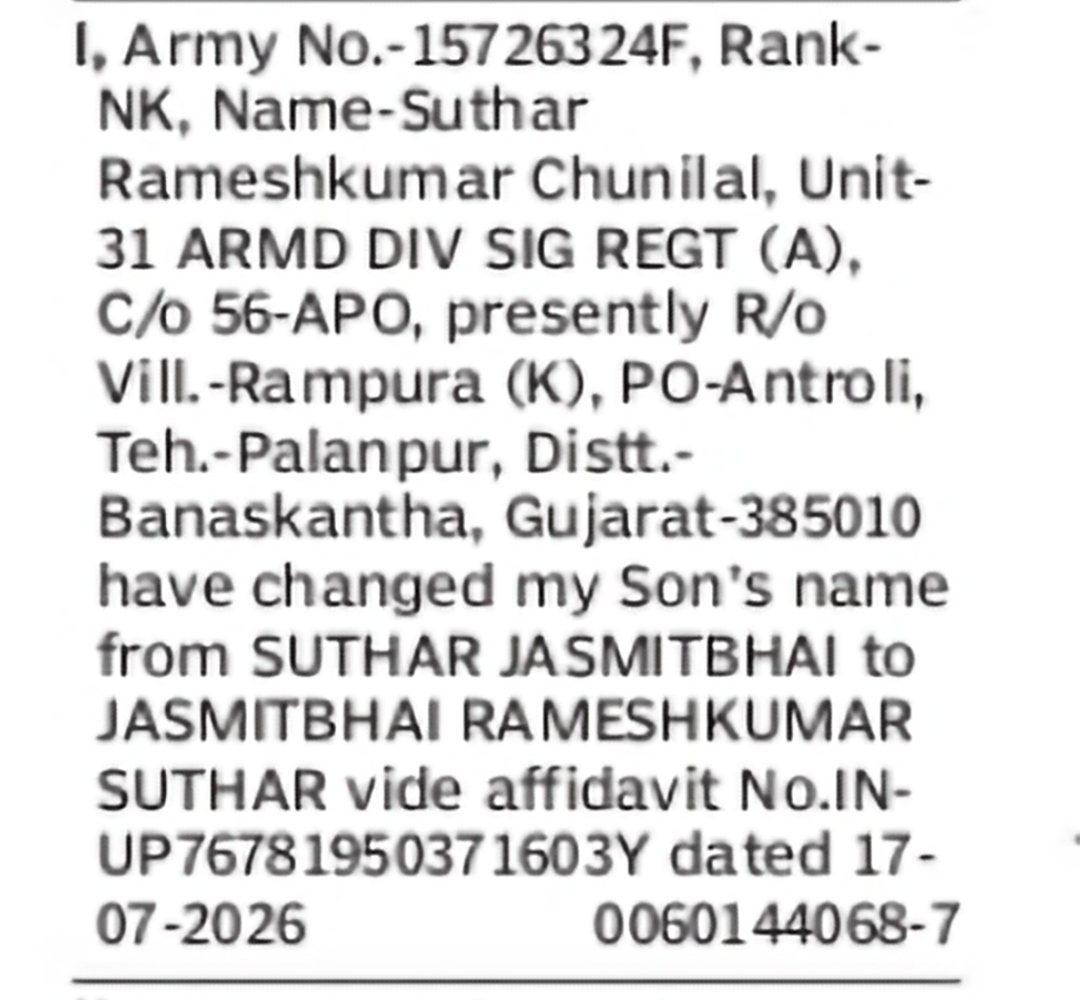 Change of Minor's Name – Suthar Jasmitbhai to Jasmitbhai Rameshkumar Suthar
