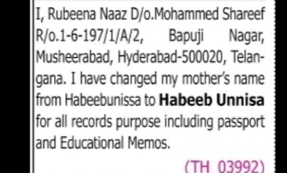 CHANGE OF MOTHER'S NAME HABEEBUNISSA TO HABEEB UNNISA