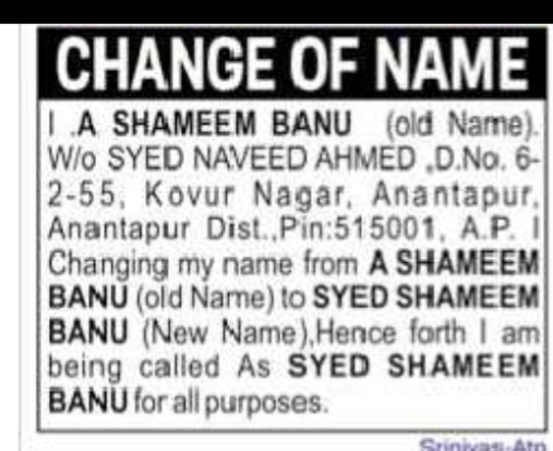 CHANGE OF NAME – A SHAMEEM BANU TO SYED SHAMEEM BANU