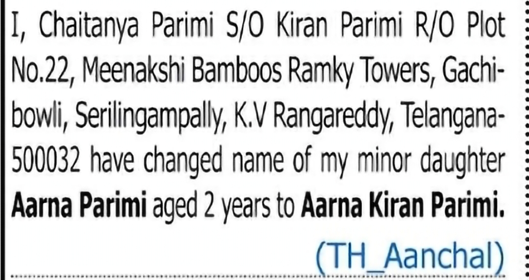 Change of Name – Aarna Parimi to Aarna Kiran Parimi
