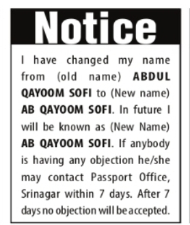 Change of Name – Abdul Qayoom Sofi to AB Qayoom Sofi