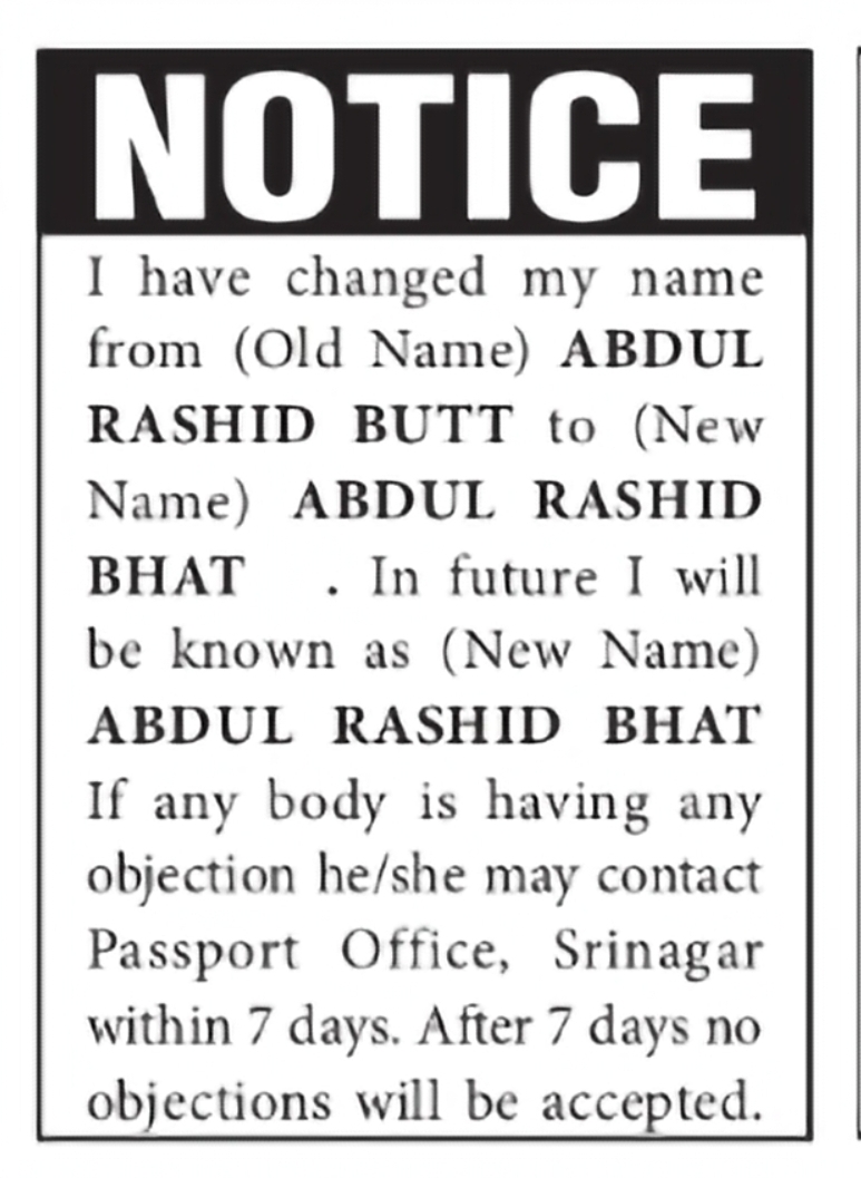 Change of Name – Abdul Rashid Butt to Abdul Rashid Bhat