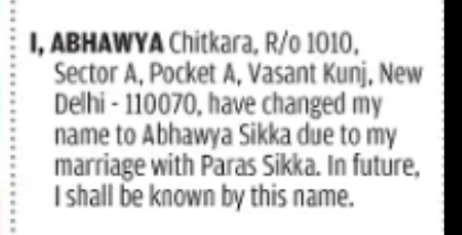 CHANGE OF NAME: ABHAWYA CHITKARA TO ABHAWYA SIKKA