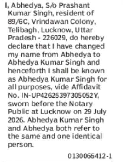 Change of Name – Abhedya to Abhedya Kumar Singh