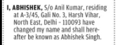 CHANGE OF NAME – ABHISHEK TO ABHISHEK SINGH (Delhi)