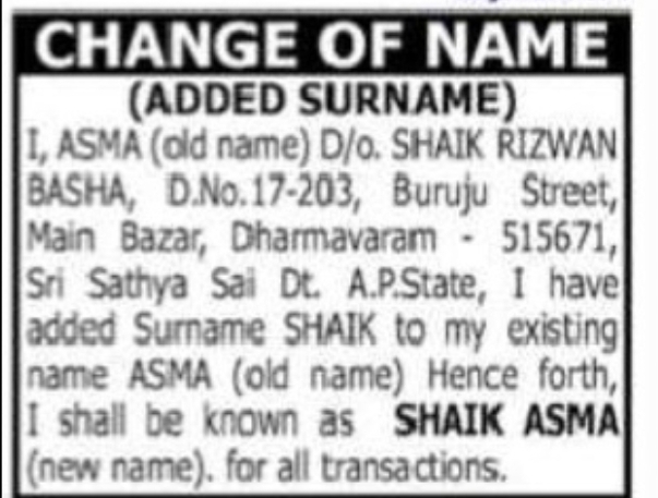 CHANGE OF NAME (ADDED SURNAME) – ASMA TO SHAIK ASMA